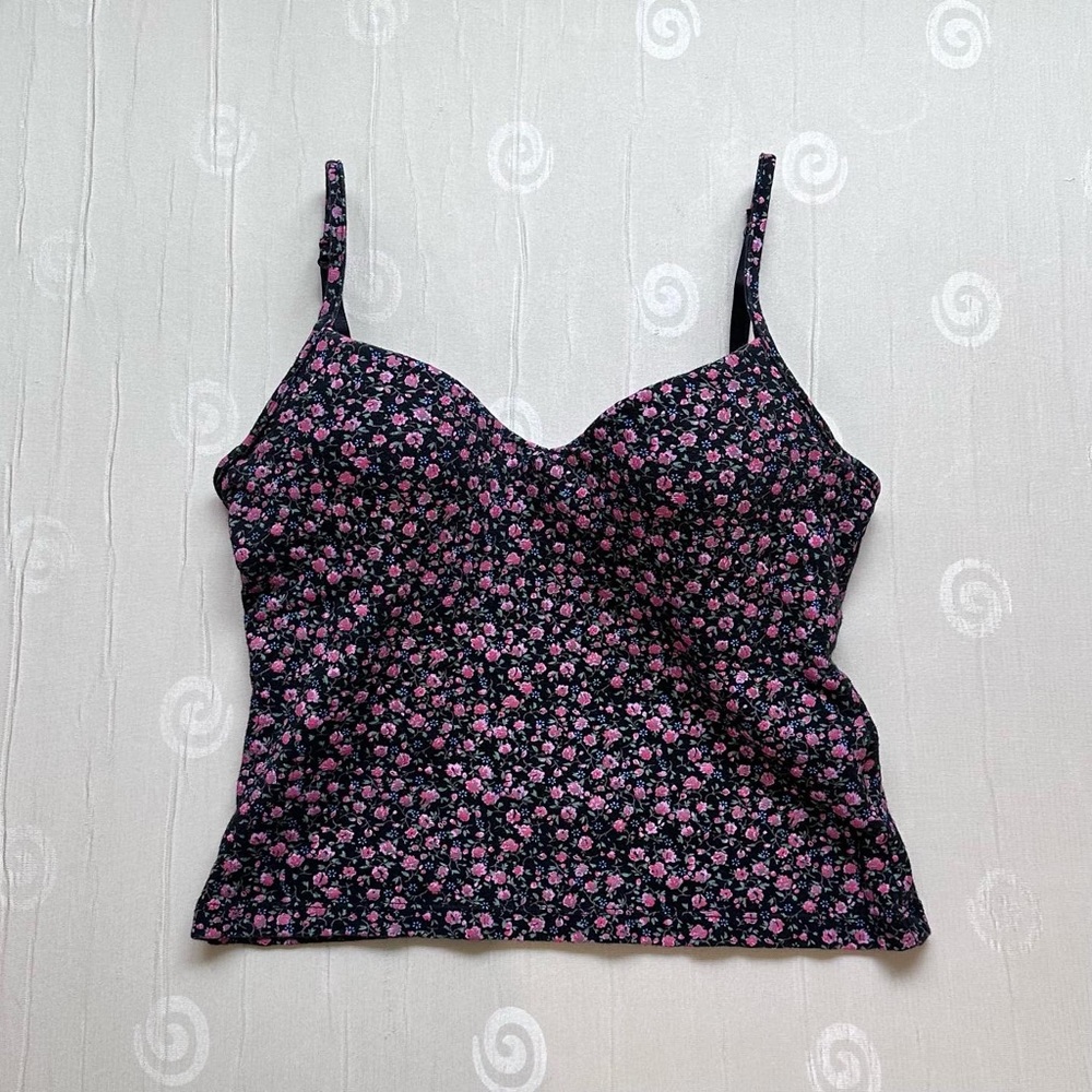 Floral black y2k cami bustier tank top with built in bra size small